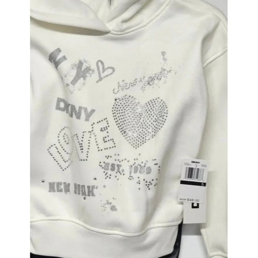 DKNY Girls Size 5 2 Pc Outfit, Sparkling Stone Like Hoodie,‎ Leather Like Pants